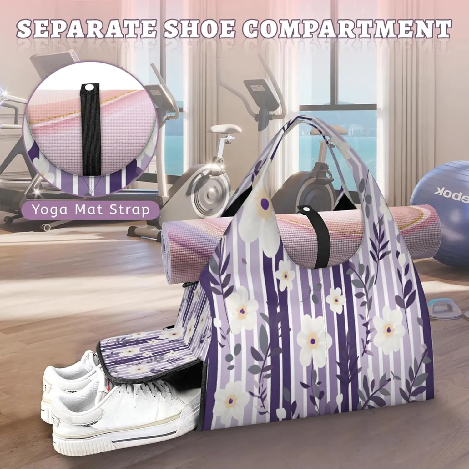 Amethyst Floral Stripe Waterproof Gym Bag for Men Women, Sports Duffel Bag with Shoe Compartment Yoga Mat Holder, Portable Large Travel Bag for Fitness, Camping, Weekend Trips