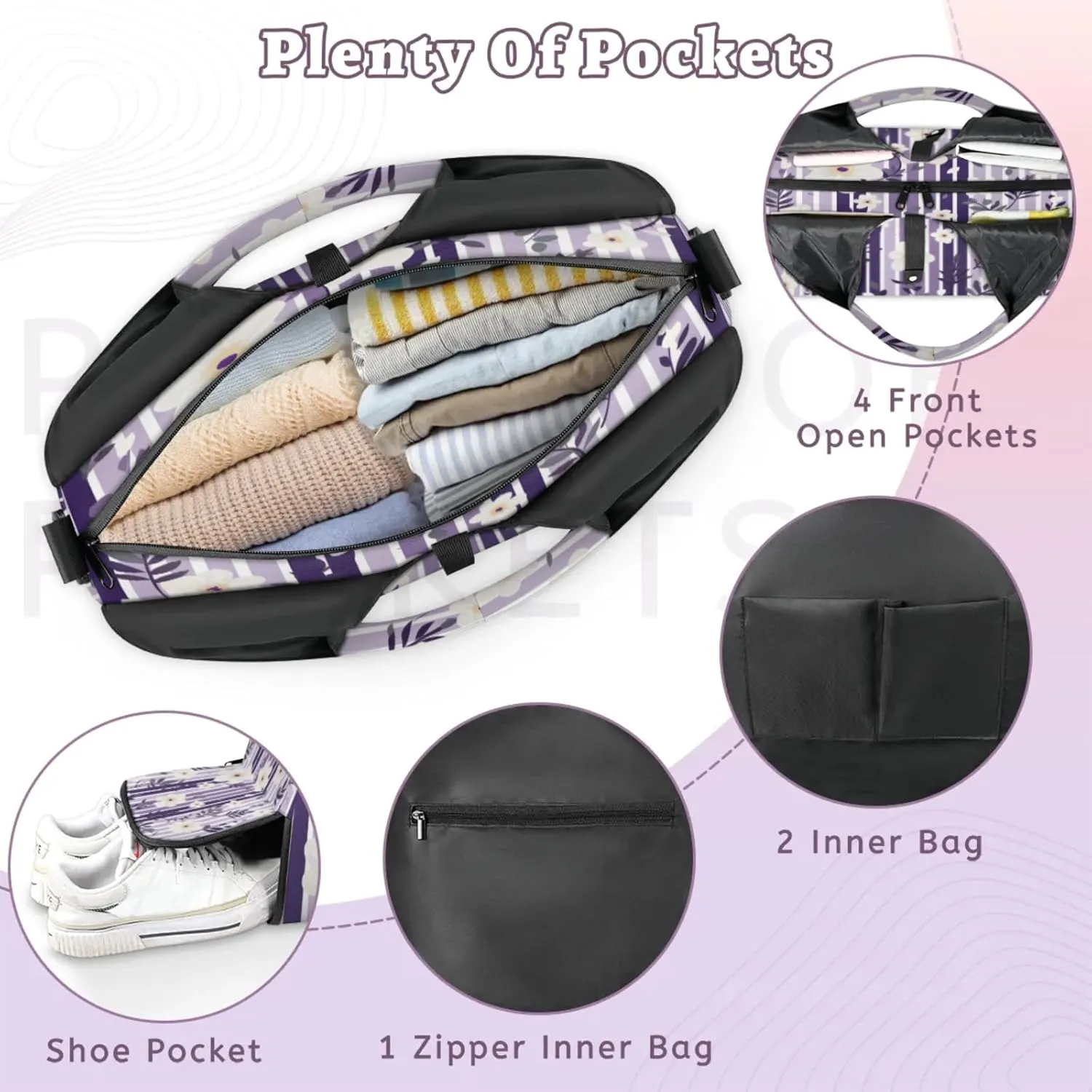 Amethyst Floral Stripe Waterproof Gym Bag for Men Women, Sports Duffel Bag with Shoe Compartment Yoga Mat Holder, Portable Large Travel Bag for Fitness, Camping, Weekend Trips
