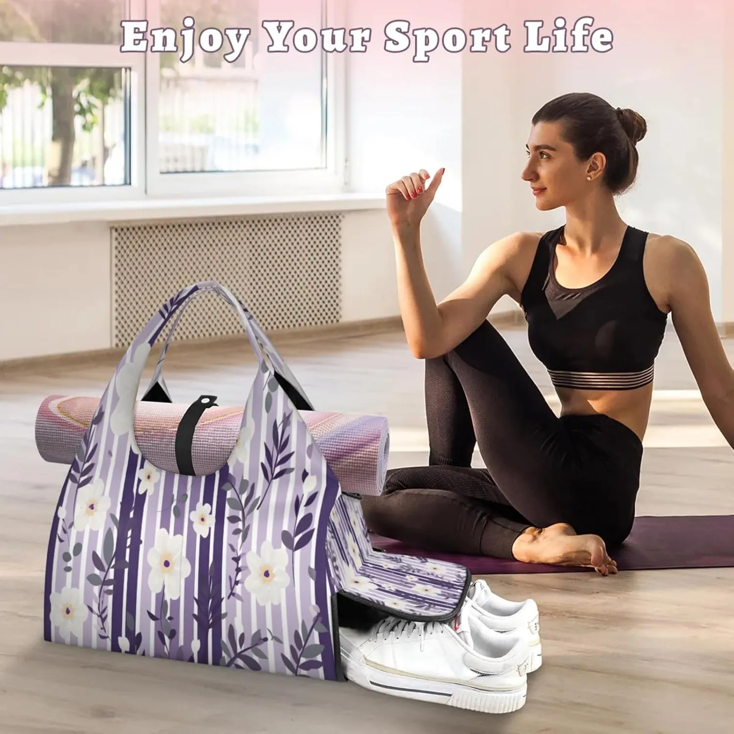 Amethyst Floral Stripe Waterproof Gym Bag for Men Women, Sports Duffel Bag with Shoe Compartment Yoga Mat Holder, Portable Large Travel Bag for Fitness, Camping, Weekend Trips