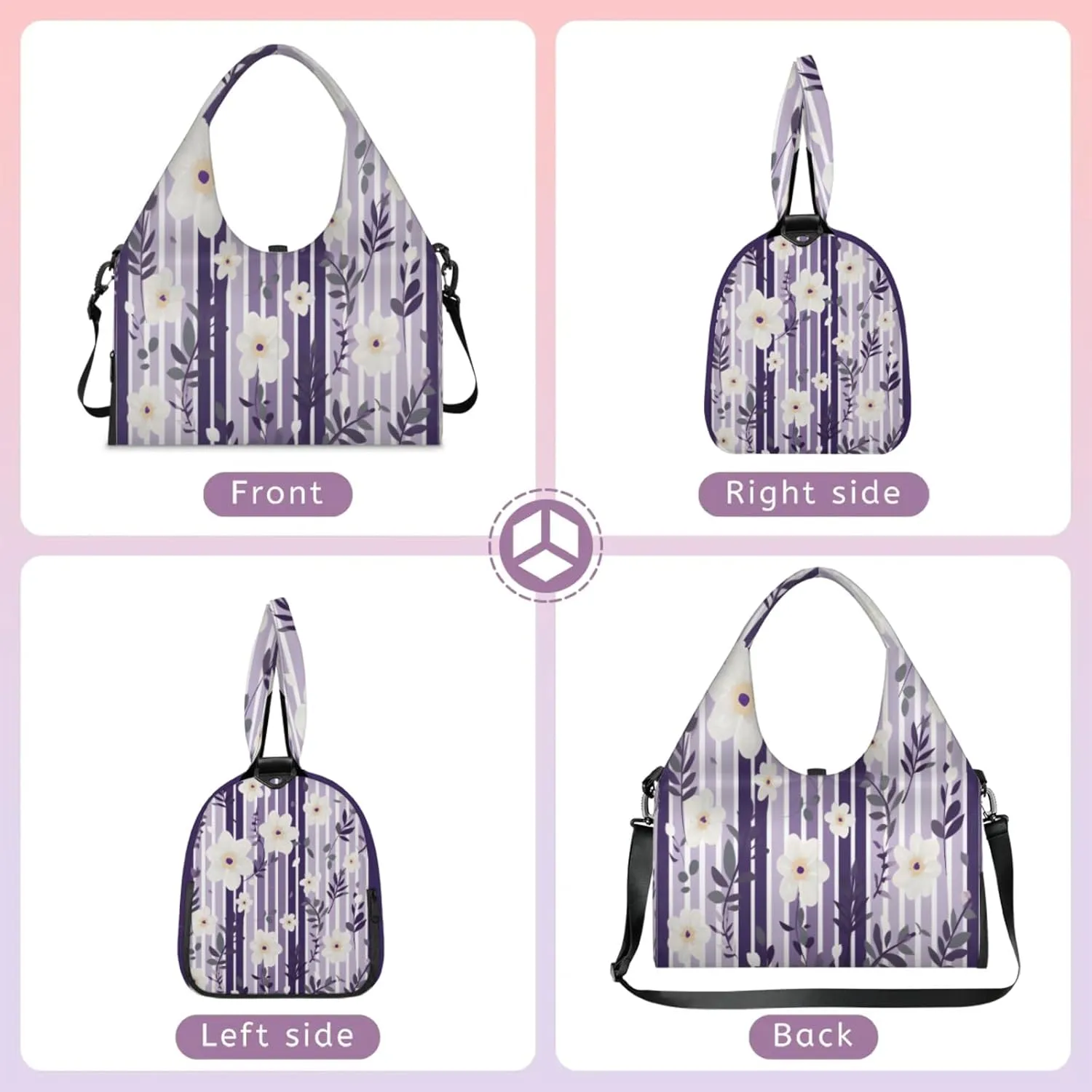 Amethyst Floral Stripe Waterproof Gym Bag for Men Women, Sports Duffel Bag with Shoe Compartment Yoga Mat Holder, Portable Large Travel Bag for Fitness, Camping, Weekend Trips