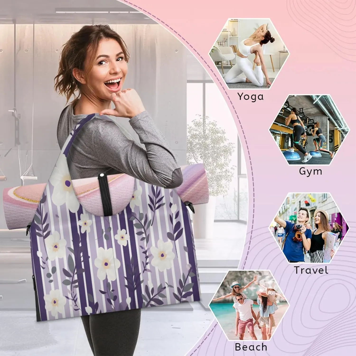 Amethyst Floral Stripe Waterproof Gym Bag for Men Women, Sports Duffel Bag with Shoe Compartment Yoga Mat Holder, Portable Large Travel Bag for Fitness, Camping, Weekend Trips