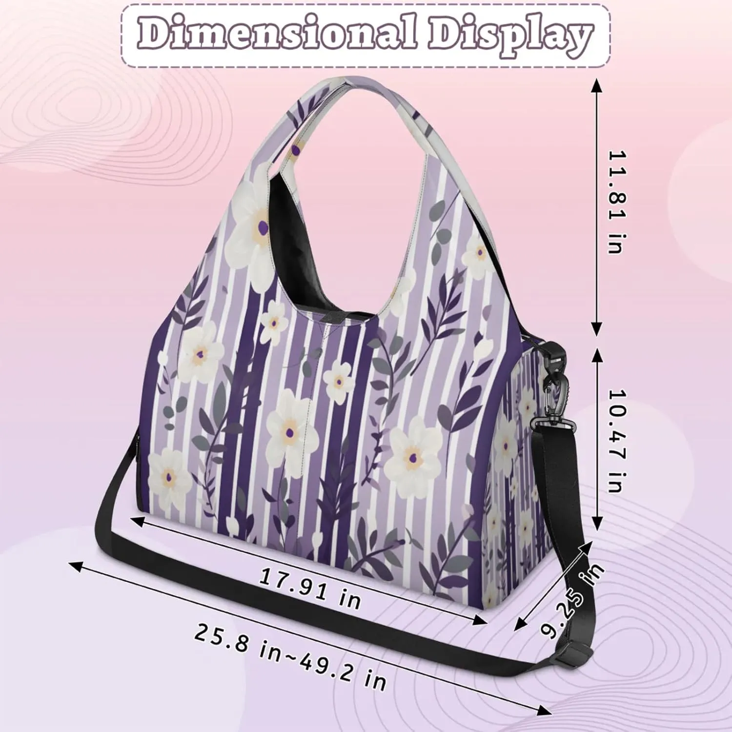 Amethyst Floral Stripe Waterproof Gym Bag for Men Women, Sports Duffel Bag with Shoe Compartment Yoga Mat Holder, Portable Large Travel Bag for Fitness, Camping, Weekend Trips