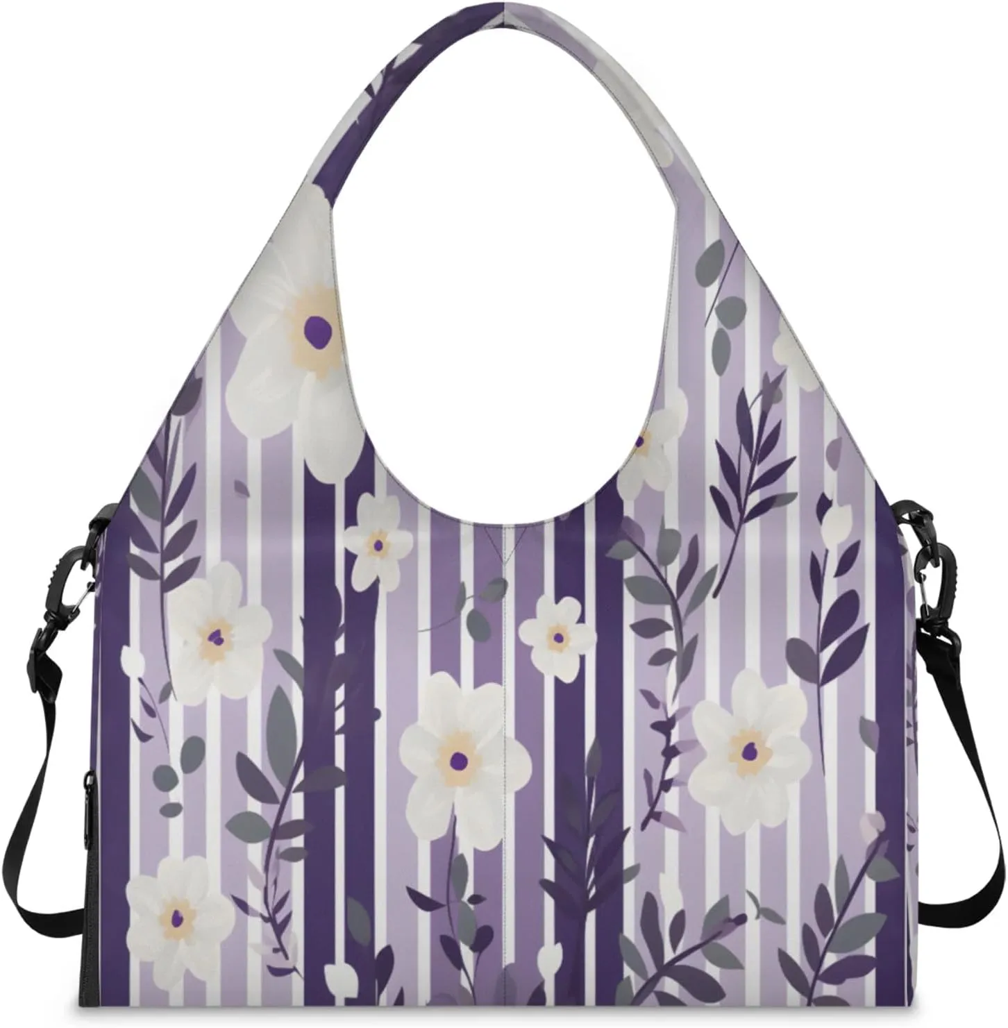 Amethyst Floral Stripe Waterproof Gym Bag for Men Women, Sports Duffel Bag with Shoe Compartment Yoga Mat Holder, Portable Large Travel Bag for Fitness, Camping, Weekend Trips
