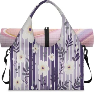Amethyst Floral Stripe Waterproof Gym Bag for Men Women, Sports Duffel Bag with Shoe Compartment Yoga Mat Holder, Portable Large Travel Bag for Fitness, Camping, Weekend Trips