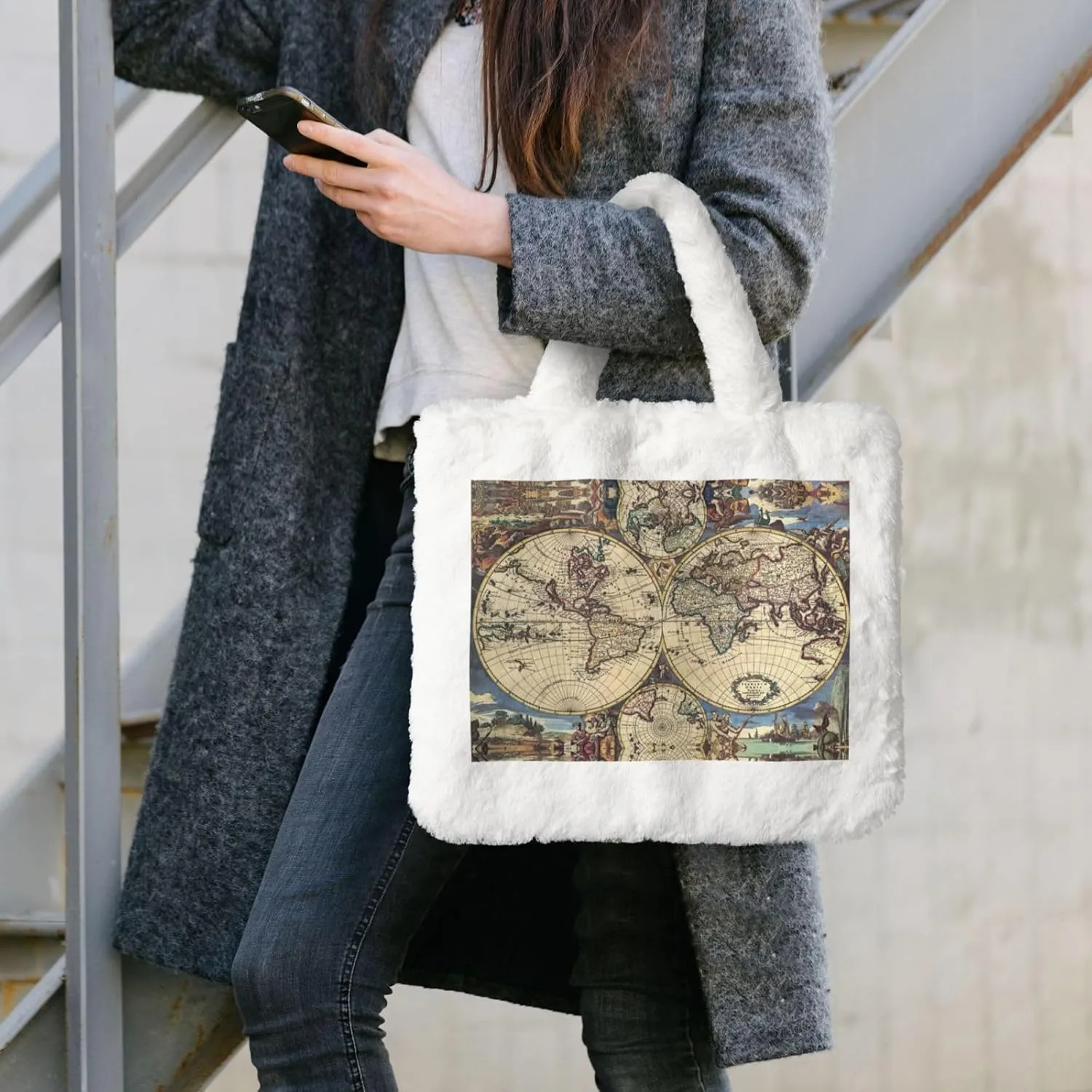 Ancient Map World Globe Printing Soft Plush Handbag For Womens Tote Bag For Women,Women Satchel Bags Wallet Purse For Gifts