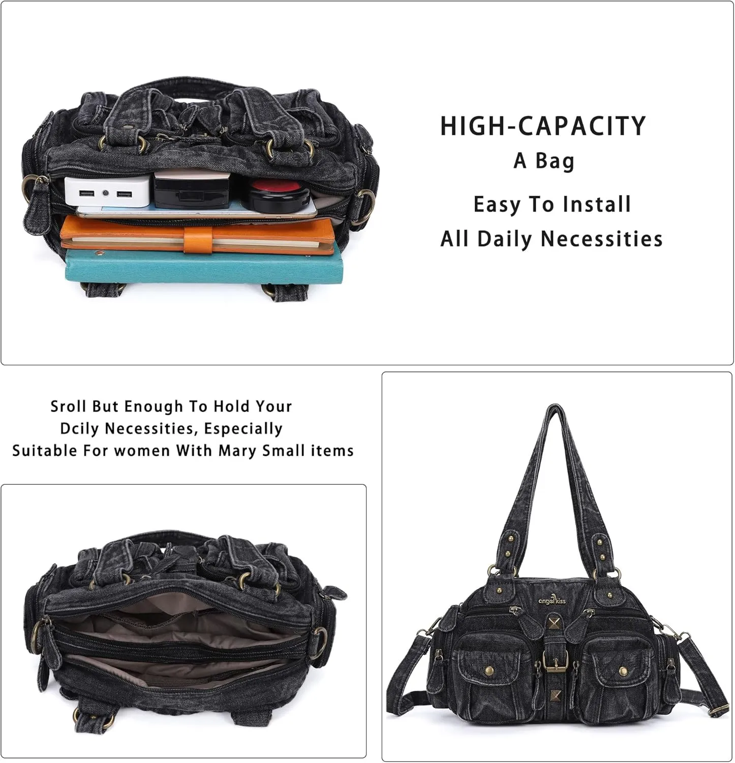 Angel Kiss Hobo Crossbody Purses for Women Shoulder Bag Multipocket Soft Hobo Purses Removable Strap Leather Handbags
