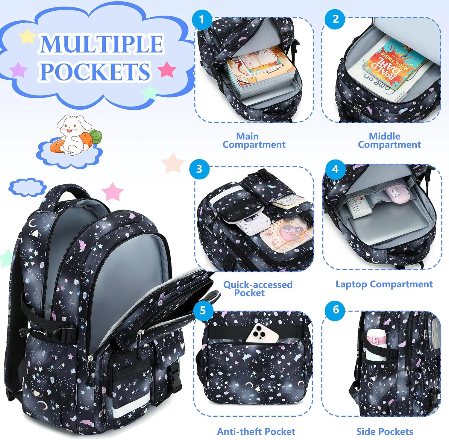 AO ALI VICTORY Backpack for Girls Kids School Bags for Kindergarten Elementary Schoolbag Students Backpacks Cute 15.6 inch Laptop Bookbag Teens Girl Back Pack Travel Daypack, Black