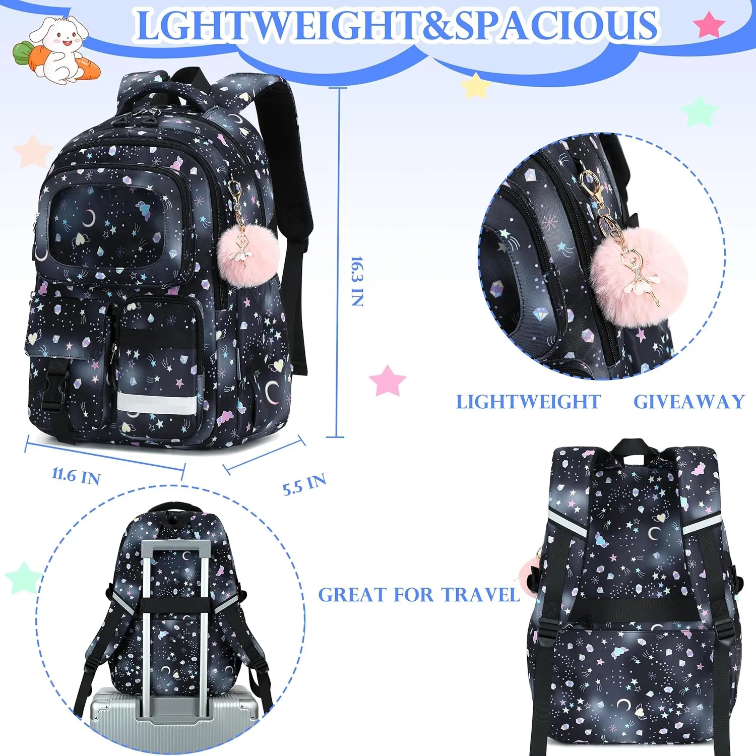 AO ALI VICTORY Backpack for Girls Kids School Bags for Kindergarten Elementary Schoolbag Students Backpacks Cute 15.6 inch Laptop Bookbag Teens Girl Back Pack Travel Daypack, Black