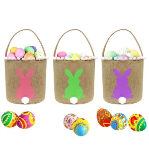 AOUTACC 3 Pack Easter Bunny Baskets, Easter Egg Hunt Bunny Bags Little Baskets with Fluffy Tail Canvas Cotton Rabbit Handbag Bucket Tote Bag for Kids Girls (Style 2, Green   Purple   Pink)