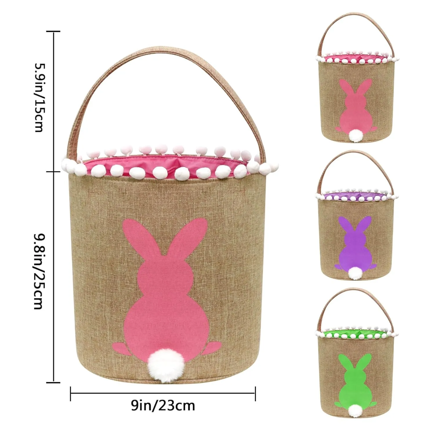 AOUTACC 3 Pack Easter Bunny Baskets, Easter Egg Hunt Bunny Bags Little Baskets with Fluffy Tail Canvas Cotton Rabbit Handbag Bucket Tote Bag for Kids Girls (Style 2, Green   Purple   Pink)