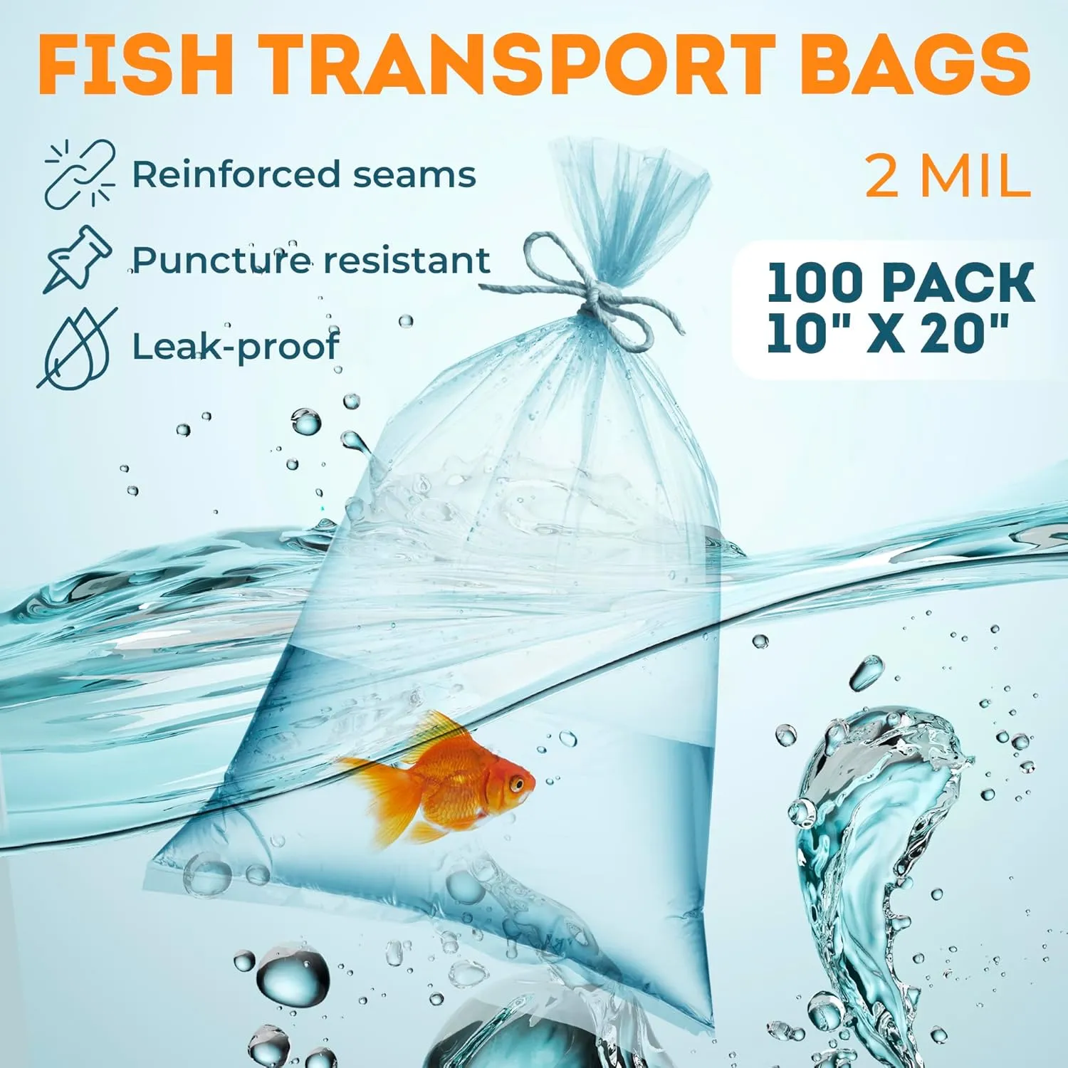 APQ Clear Plastic Fish Bags for Live Fish, 10 x 20 Inch. Pack of 100 Polyethylene Live Fish Shipping Bags. 2 Mil Thick Aquarium Fish Bags. Durable Fish Transport Bags. Plastic Bags for Fish Transport