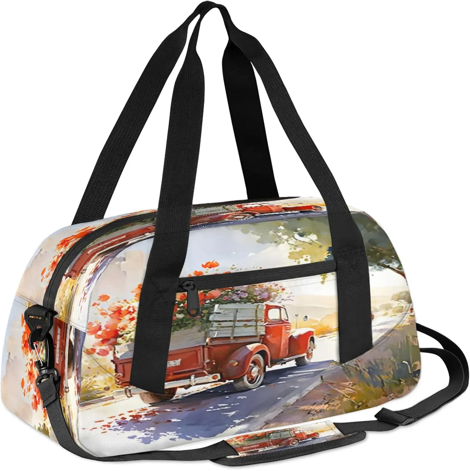 Art Farmhouse Truck Floral Kids Duffel Bag Lightweight Waterproof Sports Gym Bag with Front Zipper Pocket Foldable Weekender Overnight Bag for School Practice Gymnastic Ballet
