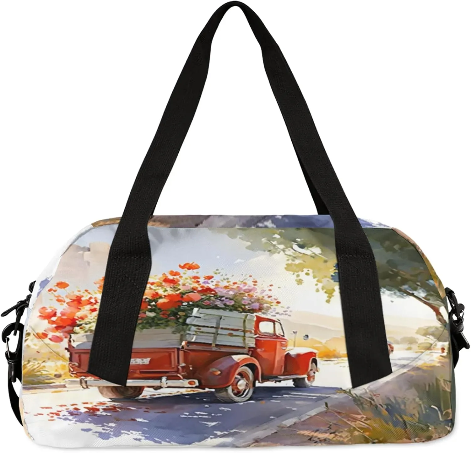 Art Farmhouse Truck Floral Kids Duffel Bag Lightweight Waterproof Sports Gym Bag with Front Zipper Pocket Foldable Weekender Overnight Bag for School Practice Gymnastic Ballet
