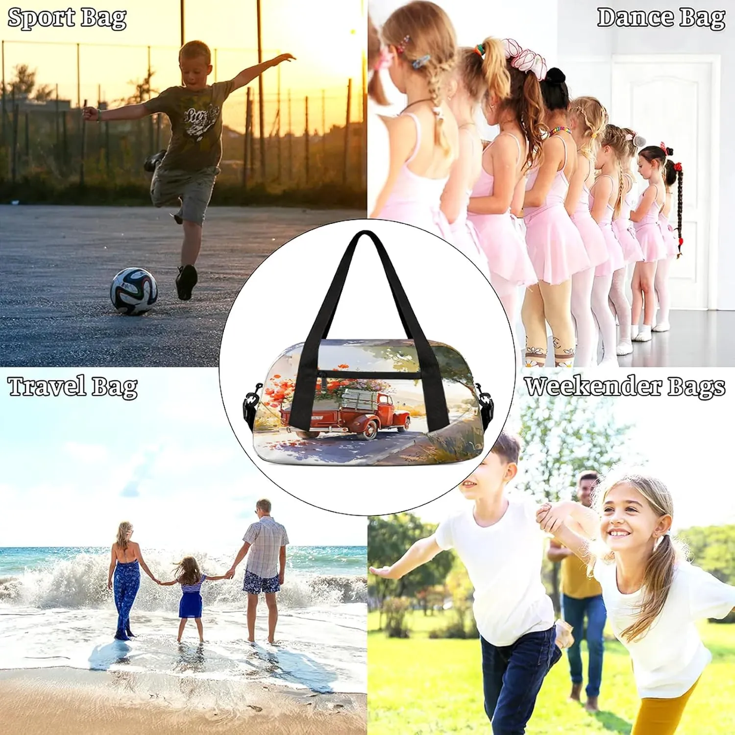 Art Farmhouse Truck Floral Kids Duffel Bag Lightweight Waterproof Sports Gym Bag with Front Zipper Pocket Foldable Weekender Overnight Bag for School Practice Gymnastic Ballet