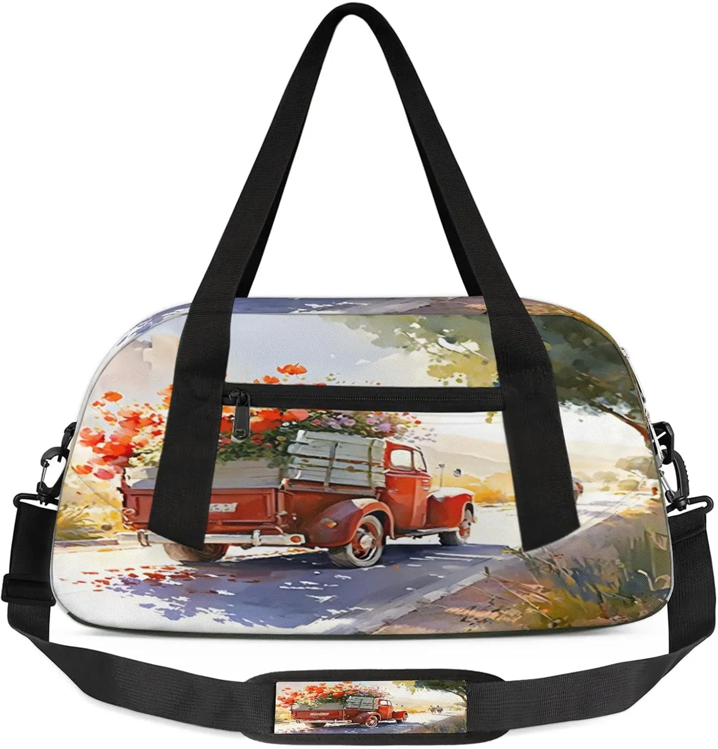 Art Farmhouse Truck Floral Kids Duffel Bag Lightweight Waterproof Sports Gym Bag with Front Zipper Pocket Foldable Weekender Overnight Bag for School Practice Gymnastic Ballet