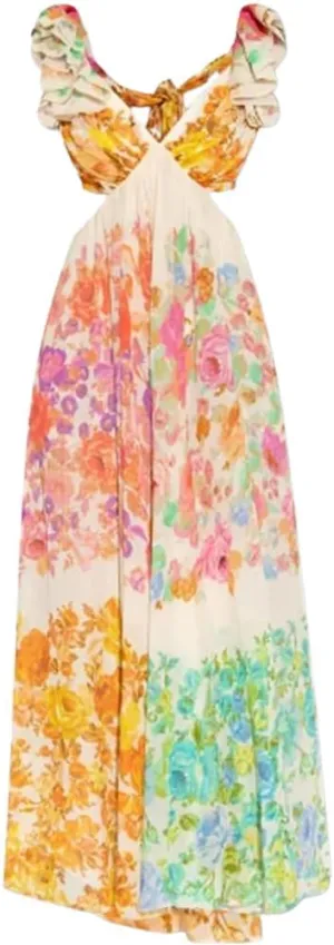 Aurelio Floral Summer Dress, Women's Boho V Neck Floral Midi Dress (Multi-Color,Medium)