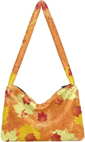 Autumn Fall Maple Leaves Fluffy Crossbody Bag Furry Tote Bags for Women Fuzzy Purse Handbag Lady Shoulder Bag Large Plush Bag with Zipper Closure