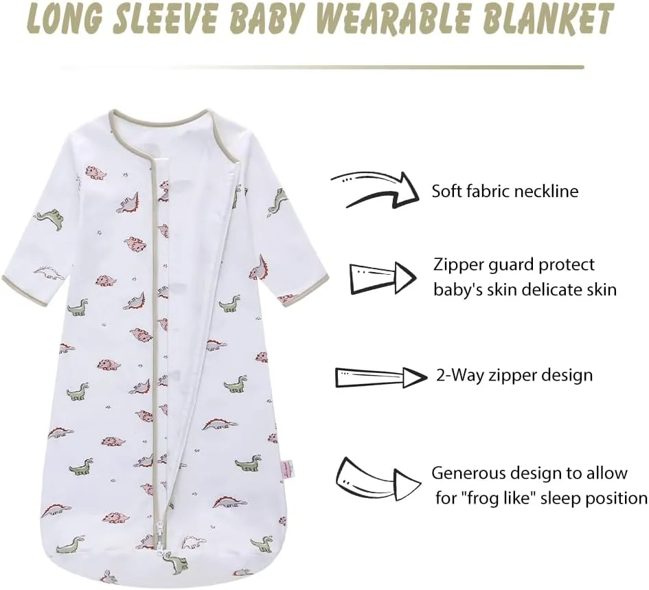 Baby Sleep Sack Long Sleeve Wearable Blanket Cotton 2-Way Zipper 0.5 Tog Sleeping Sack for Infant Toddler 0-18Month