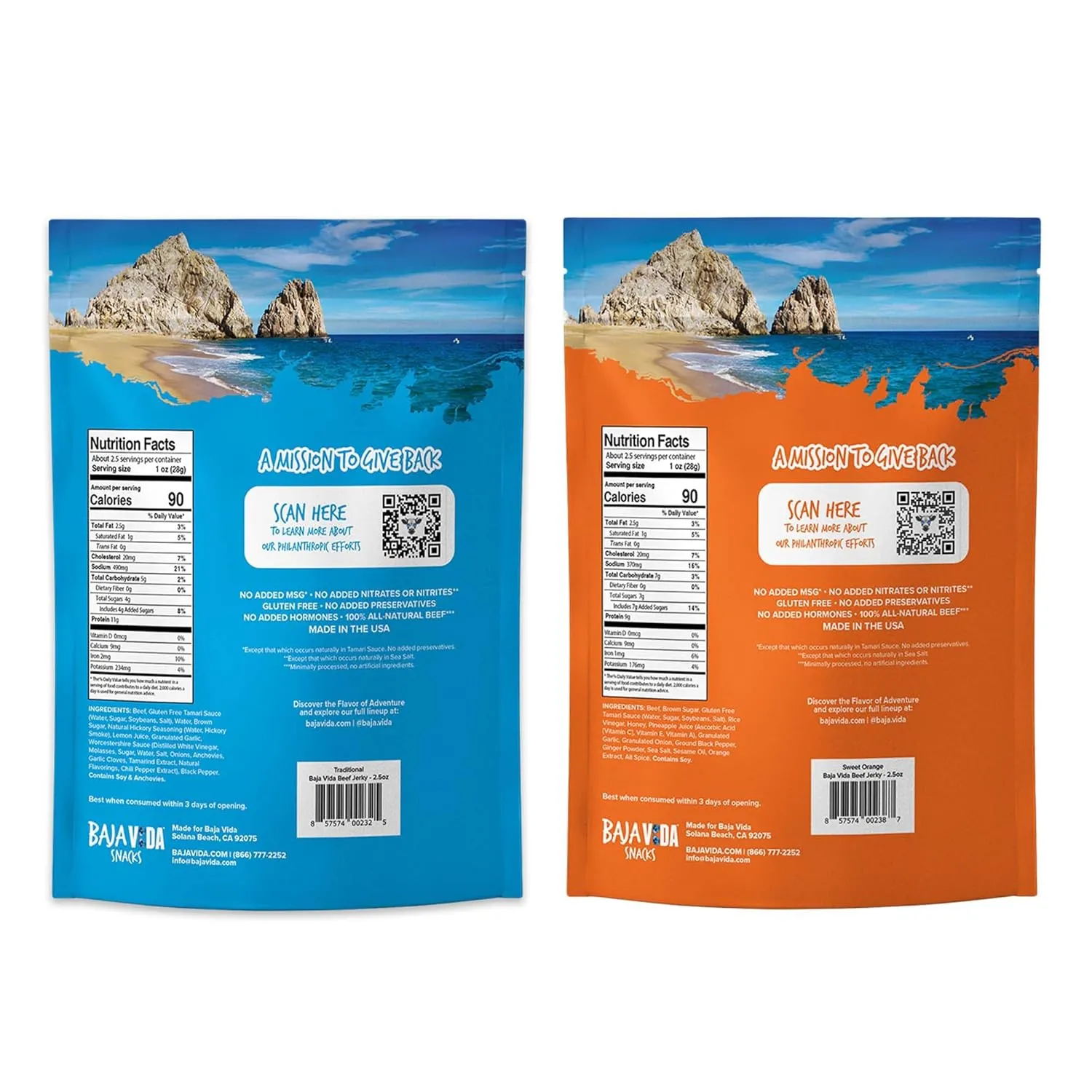 BAJA BEEF Jerky Snack Packs - Beef Jerky Variety Pack, Beef Jerky Gifts for Men, Beef Jerky Sampler, High Protein Craft Jerky Assortment, Gluten Free - Traditional & Sweet Orange, 2.5 Oz Bags (4 Pack)