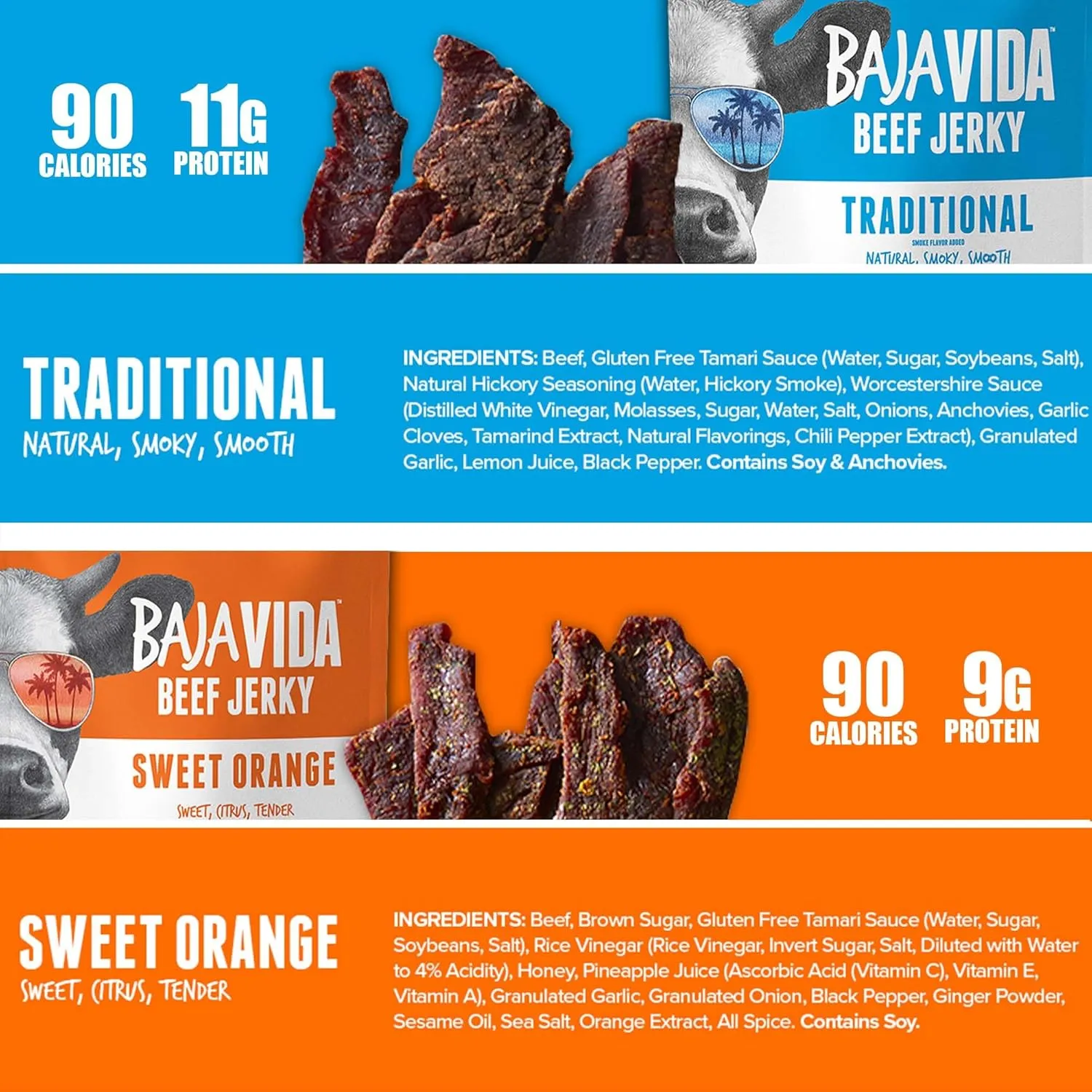 BAJA BEEF Jerky Snack Packs - Beef Jerky Variety Pack, Beef Jerky Gifts for Men, Beef Jerky Sampler, High Protein Craft Jerky Assortment, Gluten Free - Traditional & Sweet Orange, 2.5 Oz Bags (4 Pack)