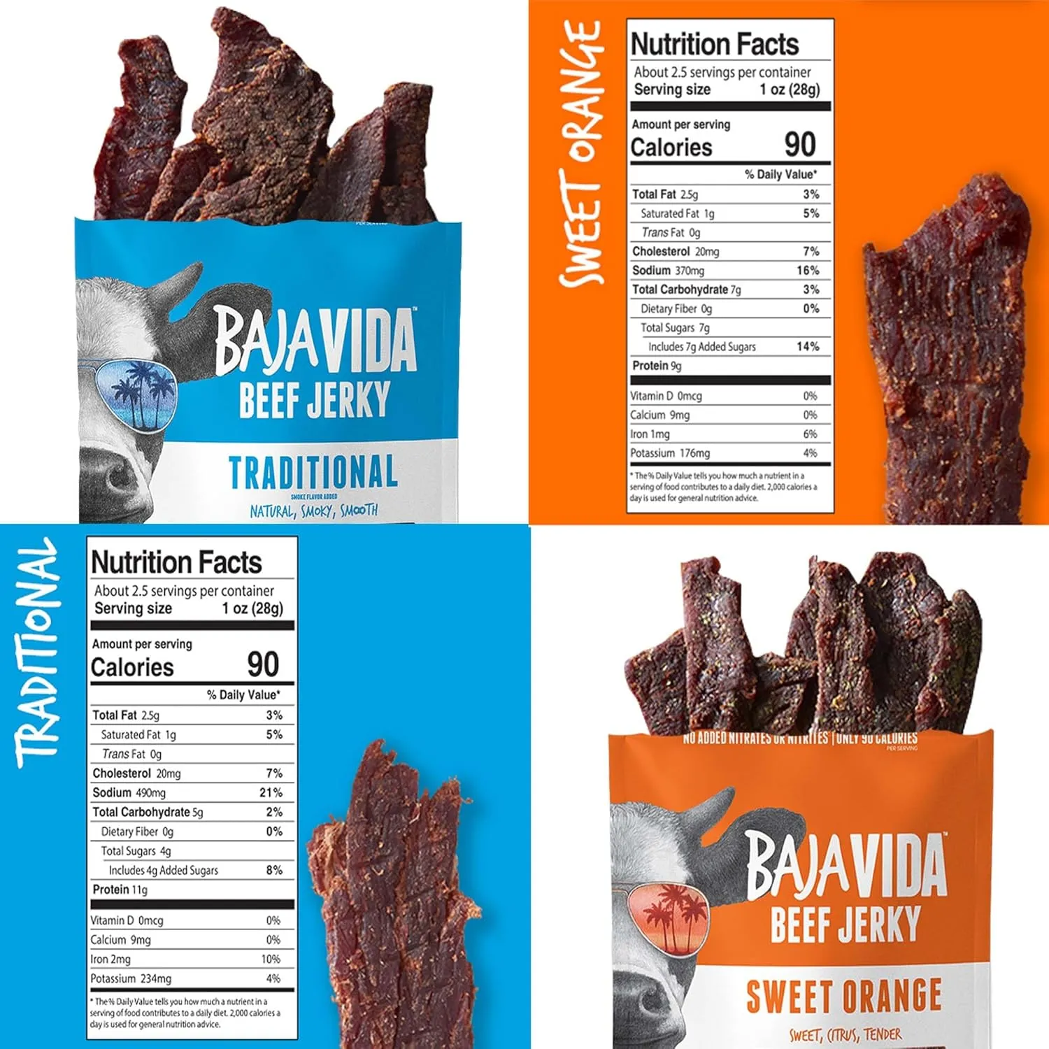 BAJA BEEF Jerky Snack Packs - Beef Jerky Variety Pack, Beef Jerky Gifts for Men, Beef Jerky Sampler, High Protein Craft Jerky Assortment, Gluten Free - Traditional & Sweet Orange, 2.5 Oz Bags (4 Pack)
