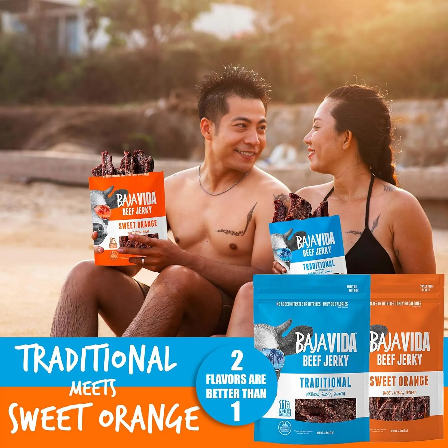 BAJA BEEF Jerky Snack Packs - Beef Jerky Variety Pack, Beef Jerky Gifts for Men, Beef Jerky Sampler, High Protein Craft Jerky Assortment, Gluten Free - Traditional & Sweet Orange, 2.5 Oz Bags (4 Pack)