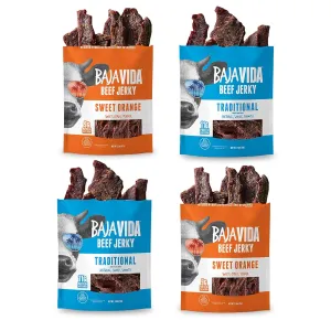 BAJA BEEF Jerky Snack Packs - Beef Jerky Variety Pack, Beef Jerky Gifts for Men, Beef Jerky Sampler, High Protein Craft Jerky Assortment, Gluten Free - Traditional & Sweet Orange, 2.5 Oz Bags (4 Pack)