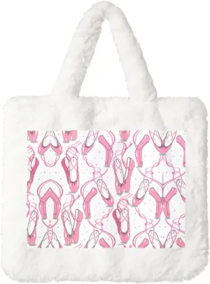 Ballet Shoes Print Plush Tote Bag for Women Fluffy Top Handle Bags Winter Cute Tote Handbag