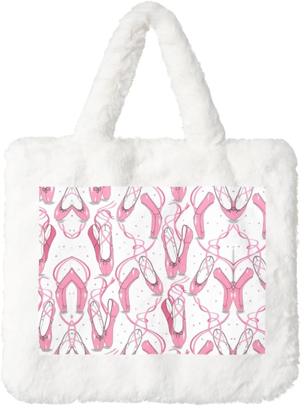 Ballet Shoes Print Plush Tote Bag for Women Fluffy Top Handle Bags Winter Cute Tote Handbag