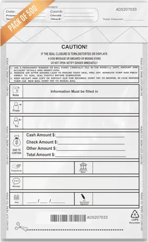 Bank Deposit Bags Plastic with Bank Slips 9 x12 inches, Money Deposit Bag, Tamper Proof Bags 500 pcs Temper Evident Register Bag for Cheques (Opaque Pack of 500)