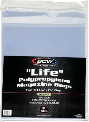 BCW Resealable Life Magazine Bags - 100ct | Crystal Clear Polypropylene | Archival Quality |Store Collectible Life Magazines | Exterior 11 1/8 x 14 1/4