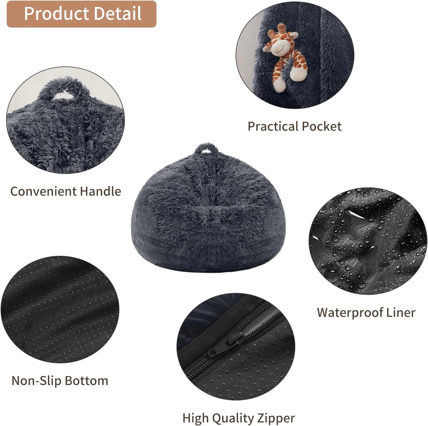 Bean Bag Chair Cover(No Filler) Soft Faux Fur Stuffed Animal Bean Bag Storage, Fluffy Plush Bean Bag Chair Cover Washable, Comfy Bean Bag Chairs for Adults Kids Teens