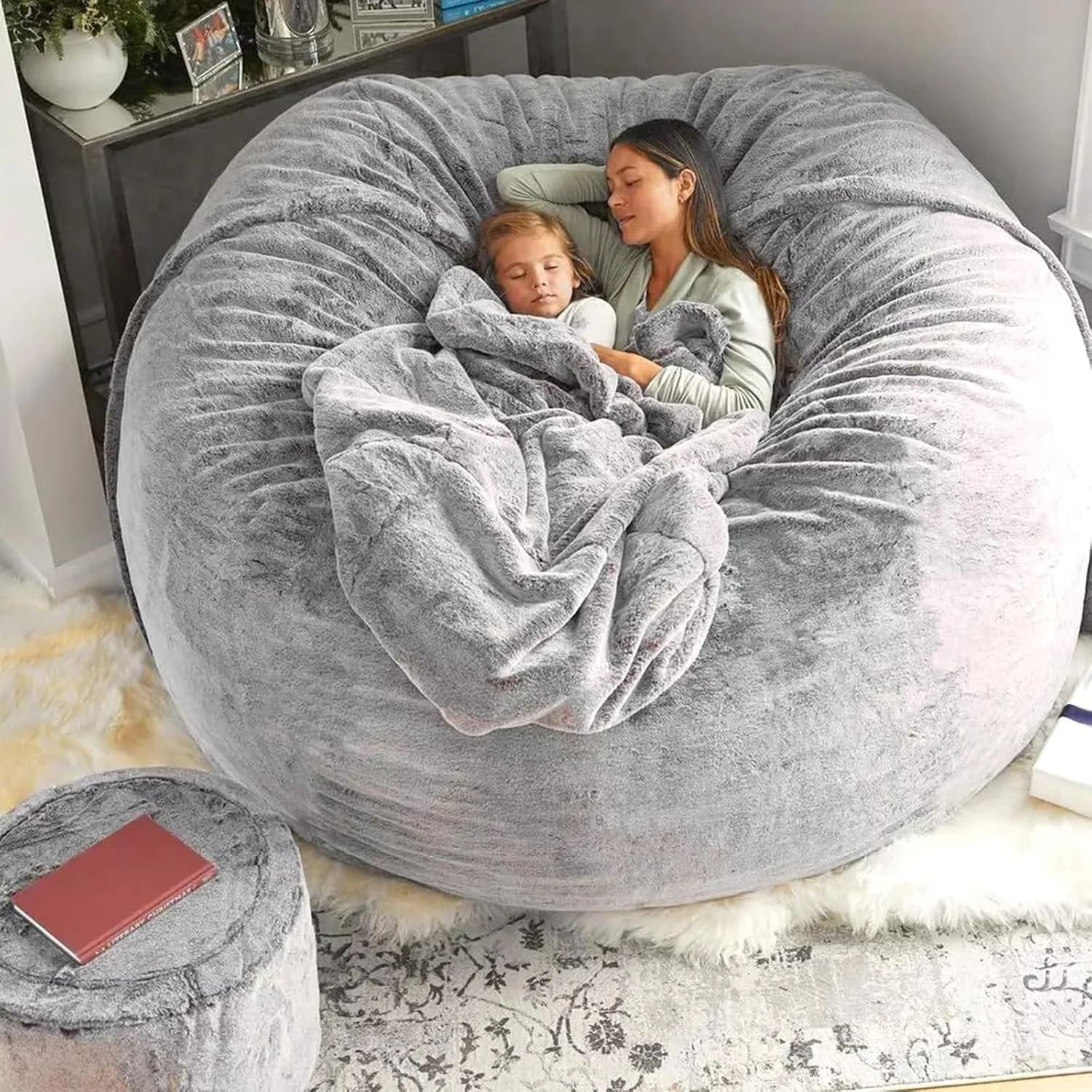 Bean Bag Chair for Adults Kids Oversize Giant Beanbag Chair Cover Without Filler Round Fluffy Comfortable Big Bean Bag Couch Chairs for Bedroom Lounge Large Sofa Sitting Chair,6FT Light Grey