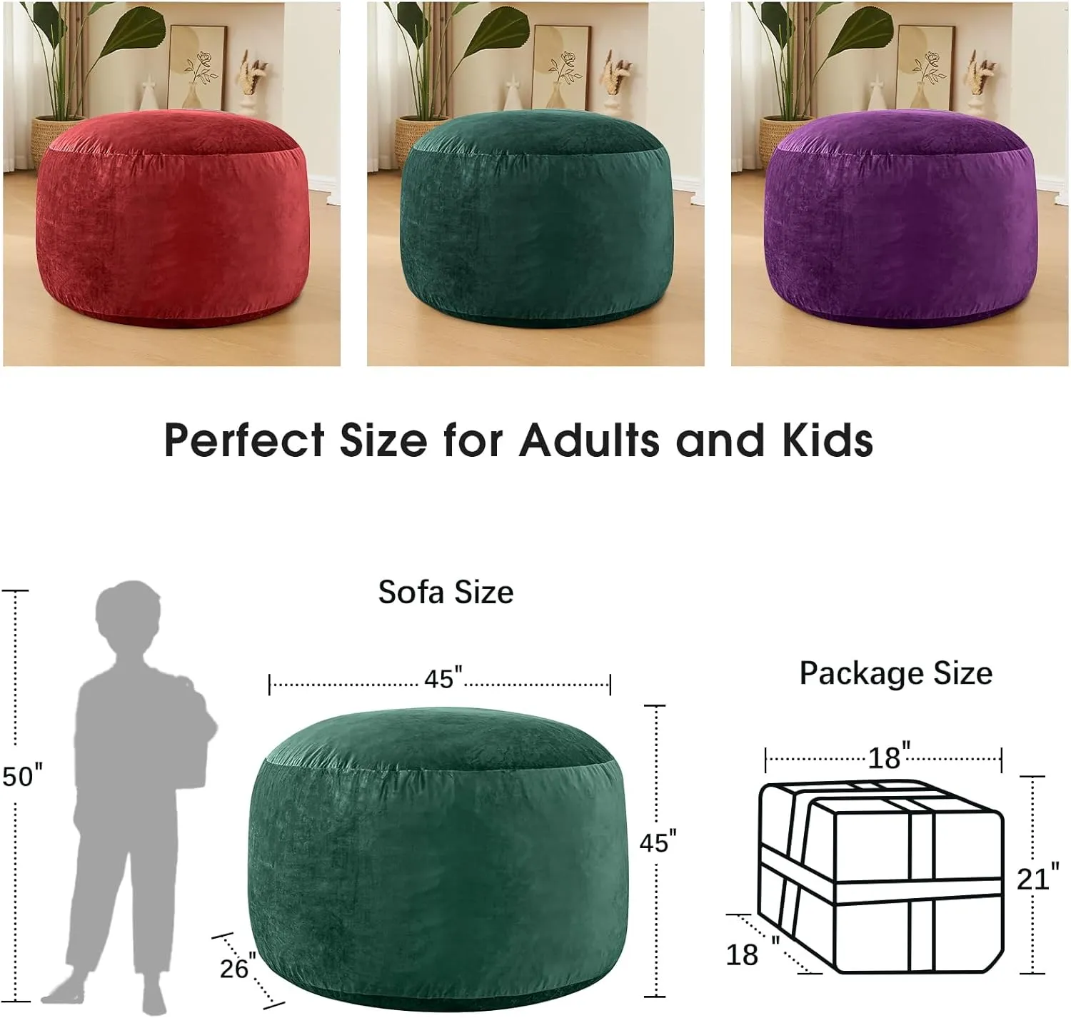 Bean Bag Chairs for Adults - Memory Foam Furniture BeanBag Chair - Kids/Teens Sofa with Soft Micro Fiber Cover - Round Fluffy Couch for Living Room Bedroom College Dorm - 4 ft, Green