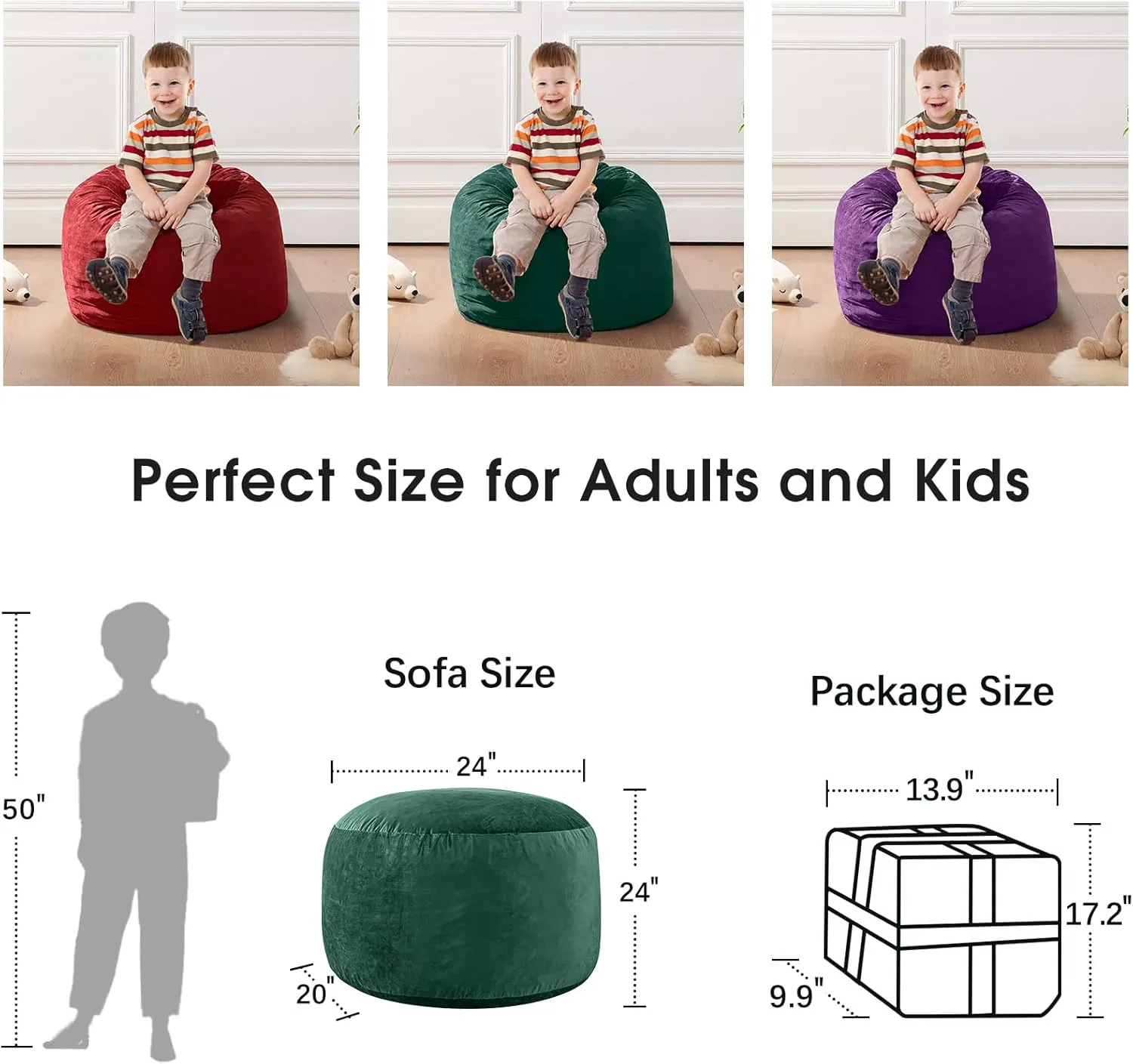 Bean Bag Chairs for Kids - Memory Foam Furniture BeanBag Chair - Kids/Teens Sofa with Soft Micro Fiber Cover - Round Fluffy Couch for Living Room Bedroom College Dorm - 2 ft, Green
