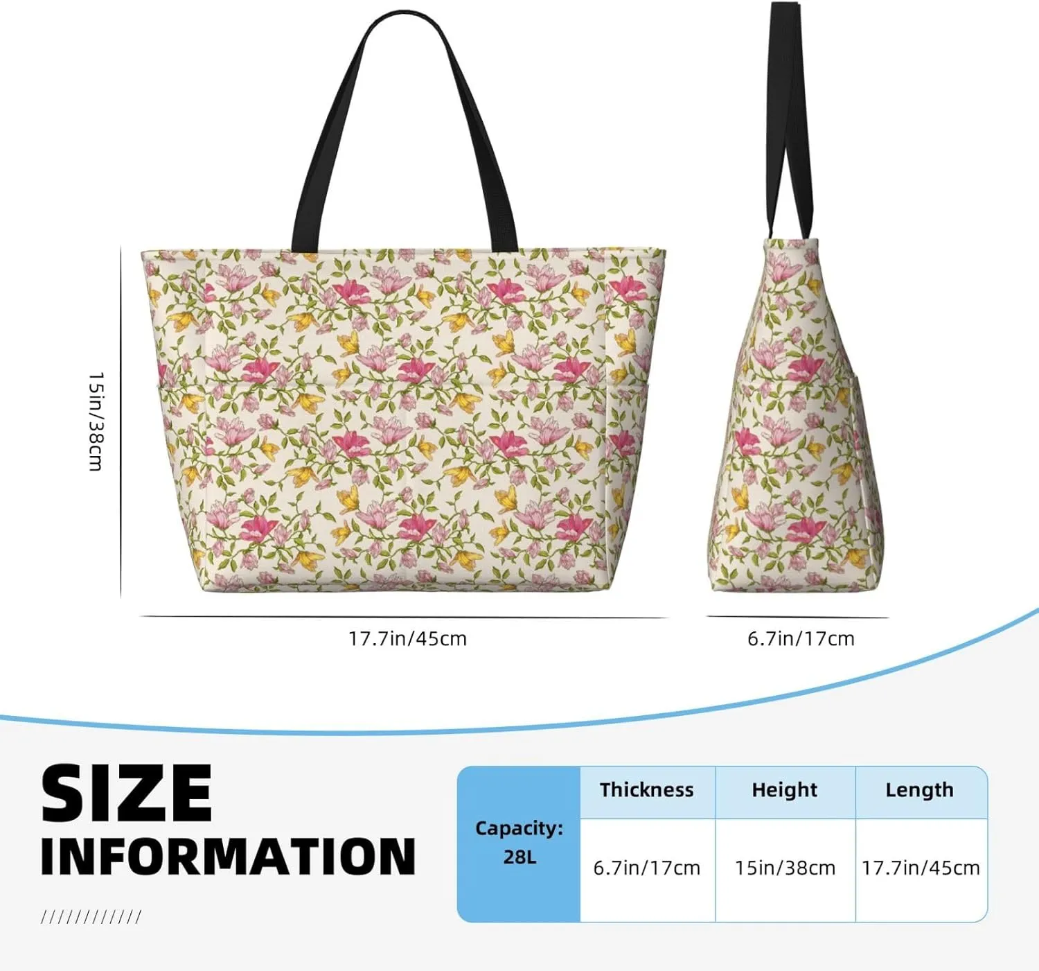 Beautiful floral pattern Large Capacity Travel Bag Lightweight Shopping Handbag Beach Tote Bags Casual Work Bag