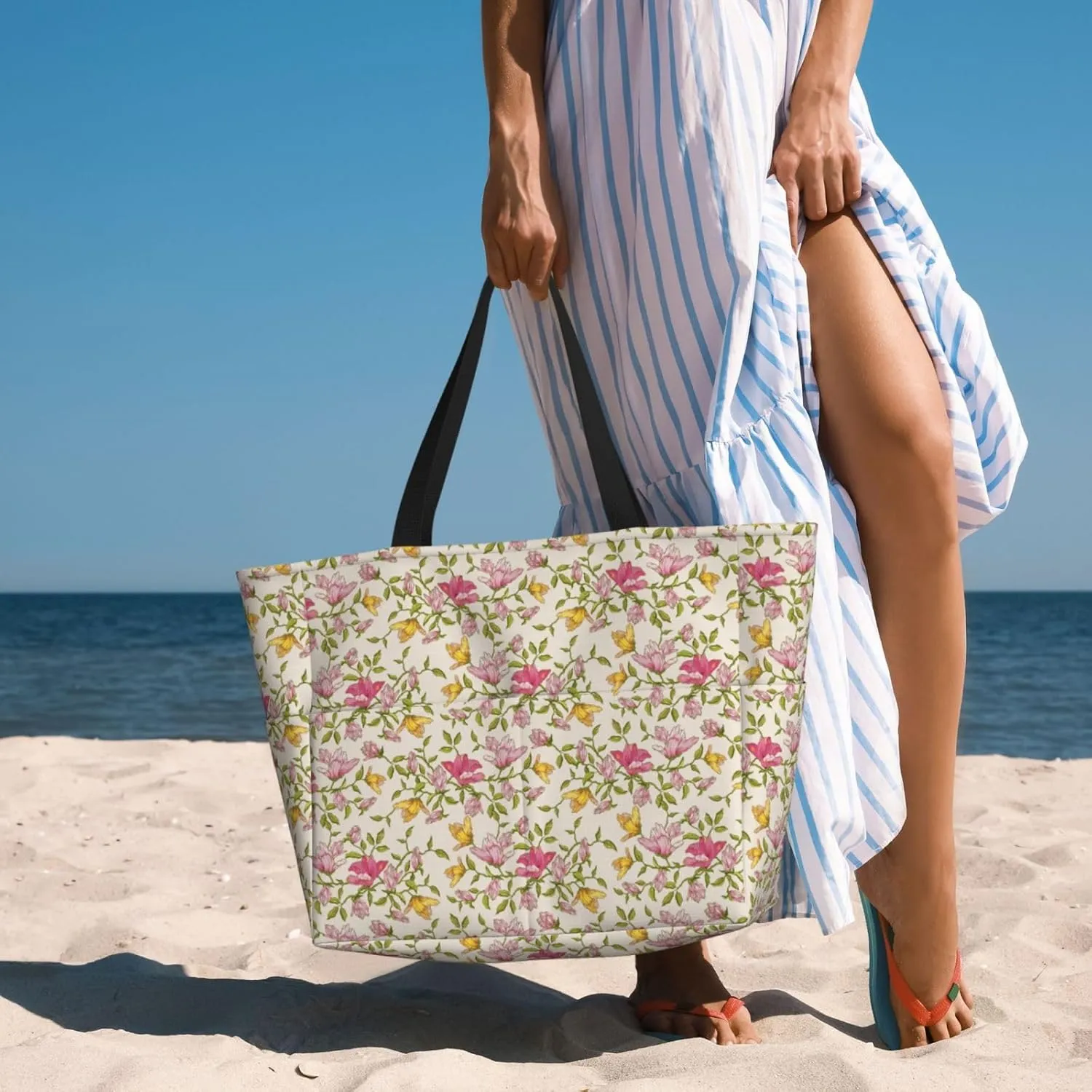 Beautiful floral pattern Large Capacity Travel Bag Lightweight Shopping Handbag Beach Tote Bags Casual Work Bag