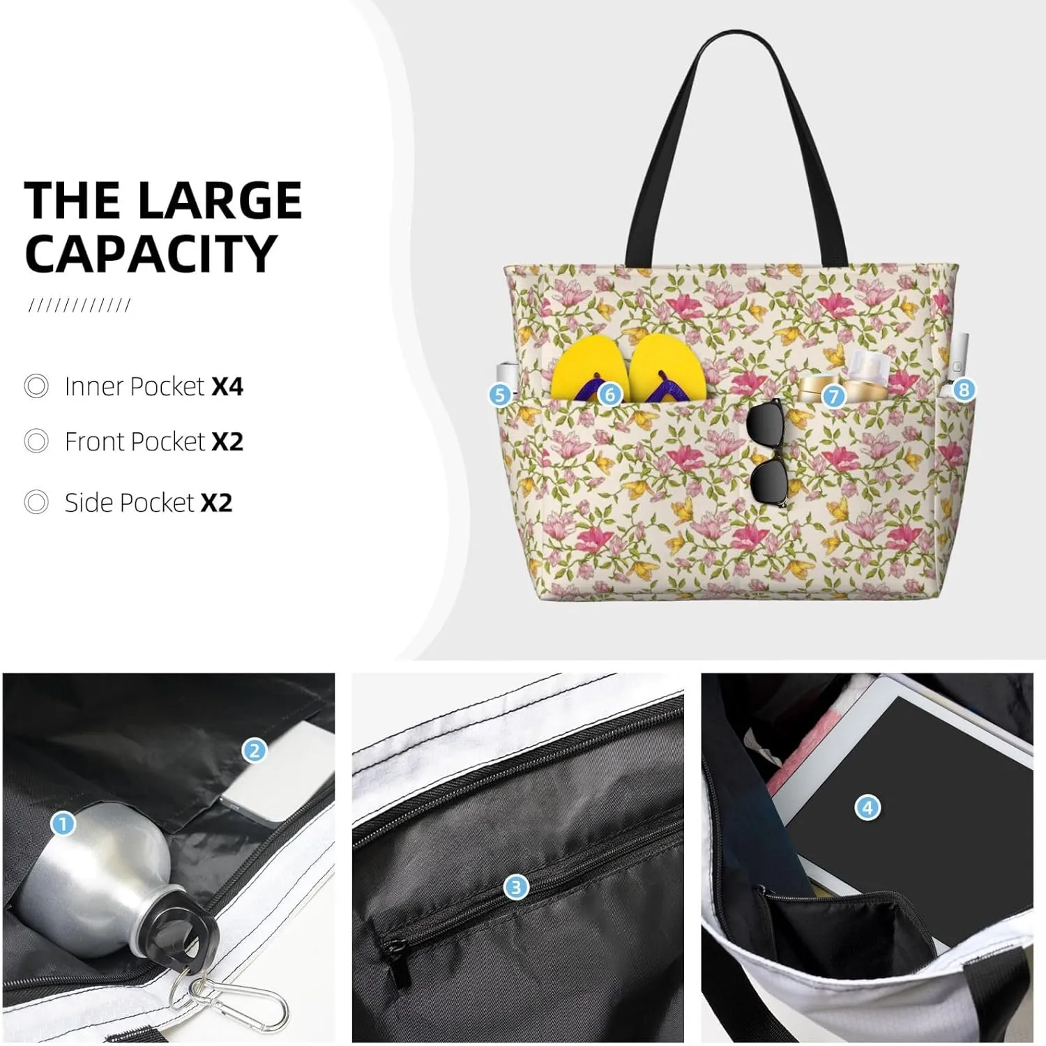Beautiful floral pattern Large Capacity Travel Bag Lightweight Shopping Handbag Beach Tote Bags Casual Work Bag