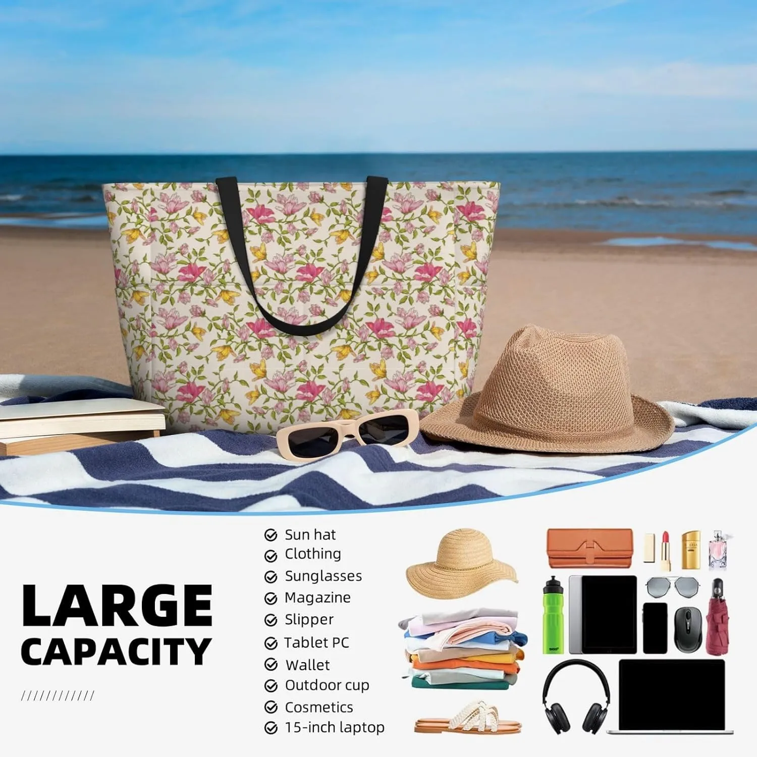 Beautiful floral pattern Large Capacity Travel Bag Lightweight Shopping Handbag Beach Tote Bags Casual Work Bag