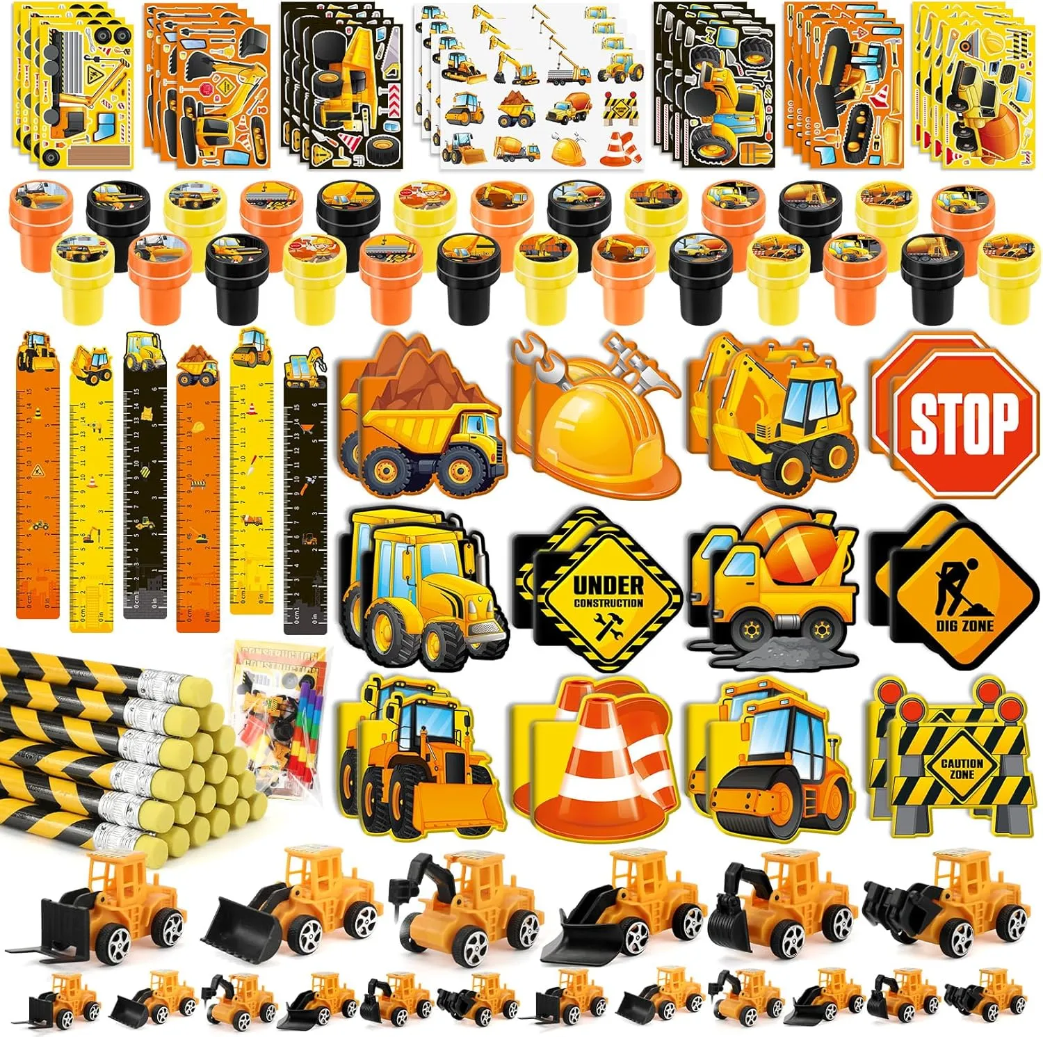 BenLouis 96Pcs Construction Party Favors Excavator Tractor Theme School Stationery Set Bulk for Kids Construction Birthday Party Goodie Bag Stuffers Classroom Gifts Rewards Pinata Filler