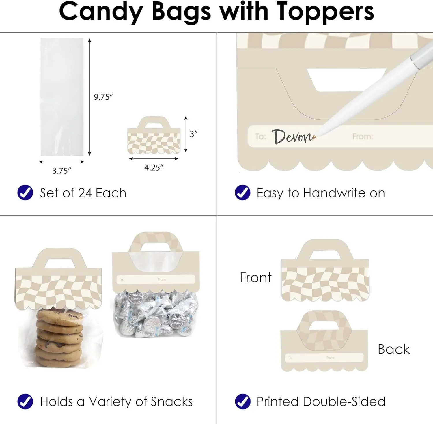 Big Dot of Happiness Tan Checkered Party - DIY Clear Goodie Favor Bag Labels - Candy Bags with Toppers - Set of 24