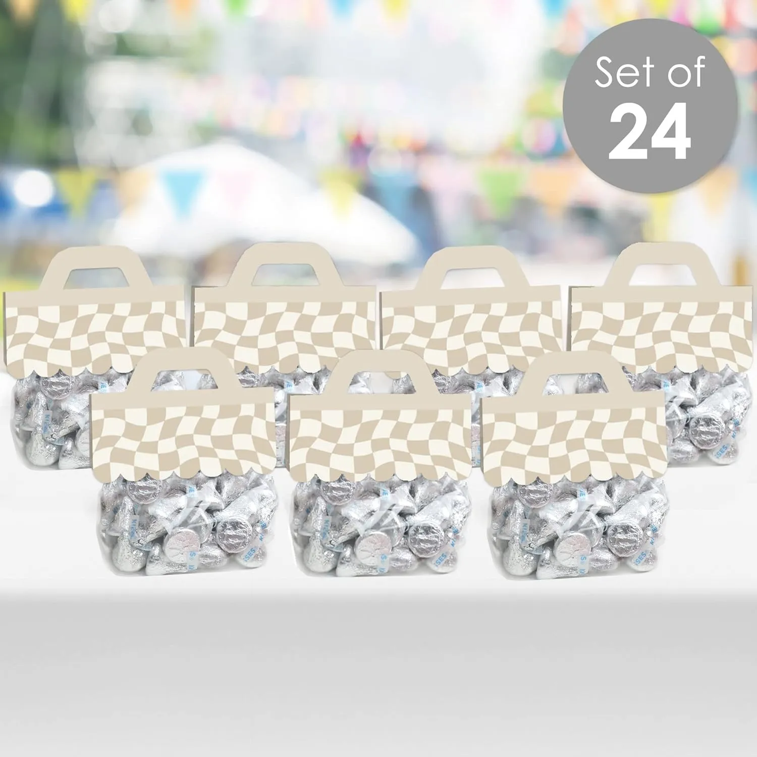 Big Dot of Happiness Tan Checkered Party - DIY Clear Goodie Favor Bag Labels - Candy Bags with Toppers - Set of 24