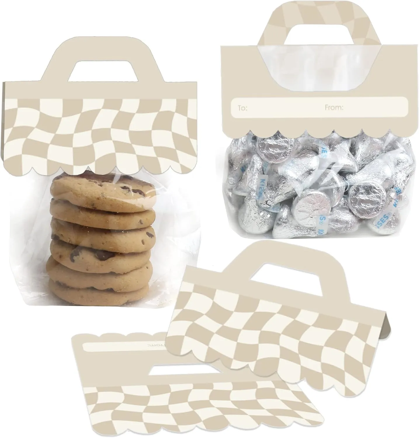Big Dot of Happiness Tan Checkered Party - DIY Clear Goodie Favor Bag Labels - Candy Bags with Toppers - Set of 24