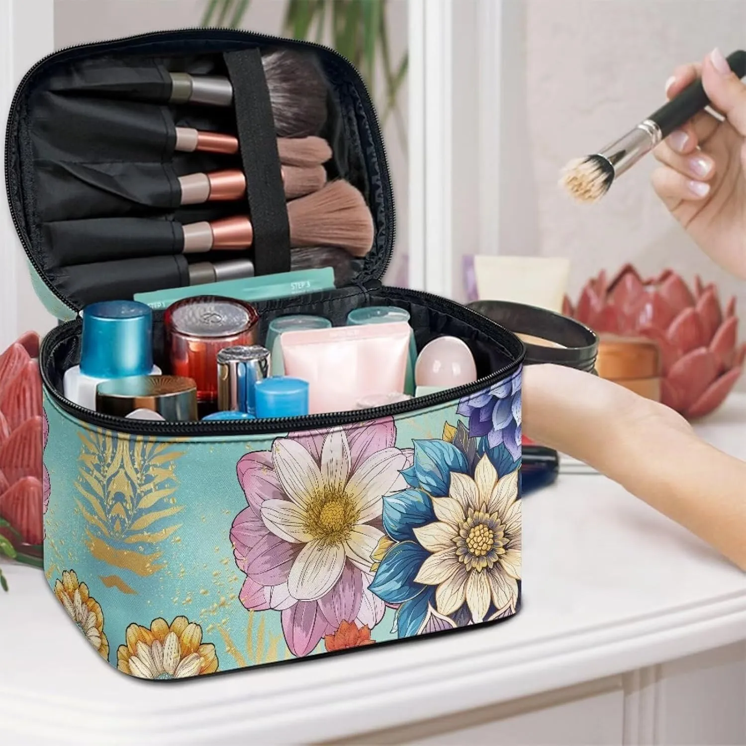 Big Floral Travel Makeup Bag with Brush Organizer Makeup Case Organizer Large Countertop Hanging Cosmetic Bags for Women Travel Accessories Valentine's Day Gifts for Women Girls