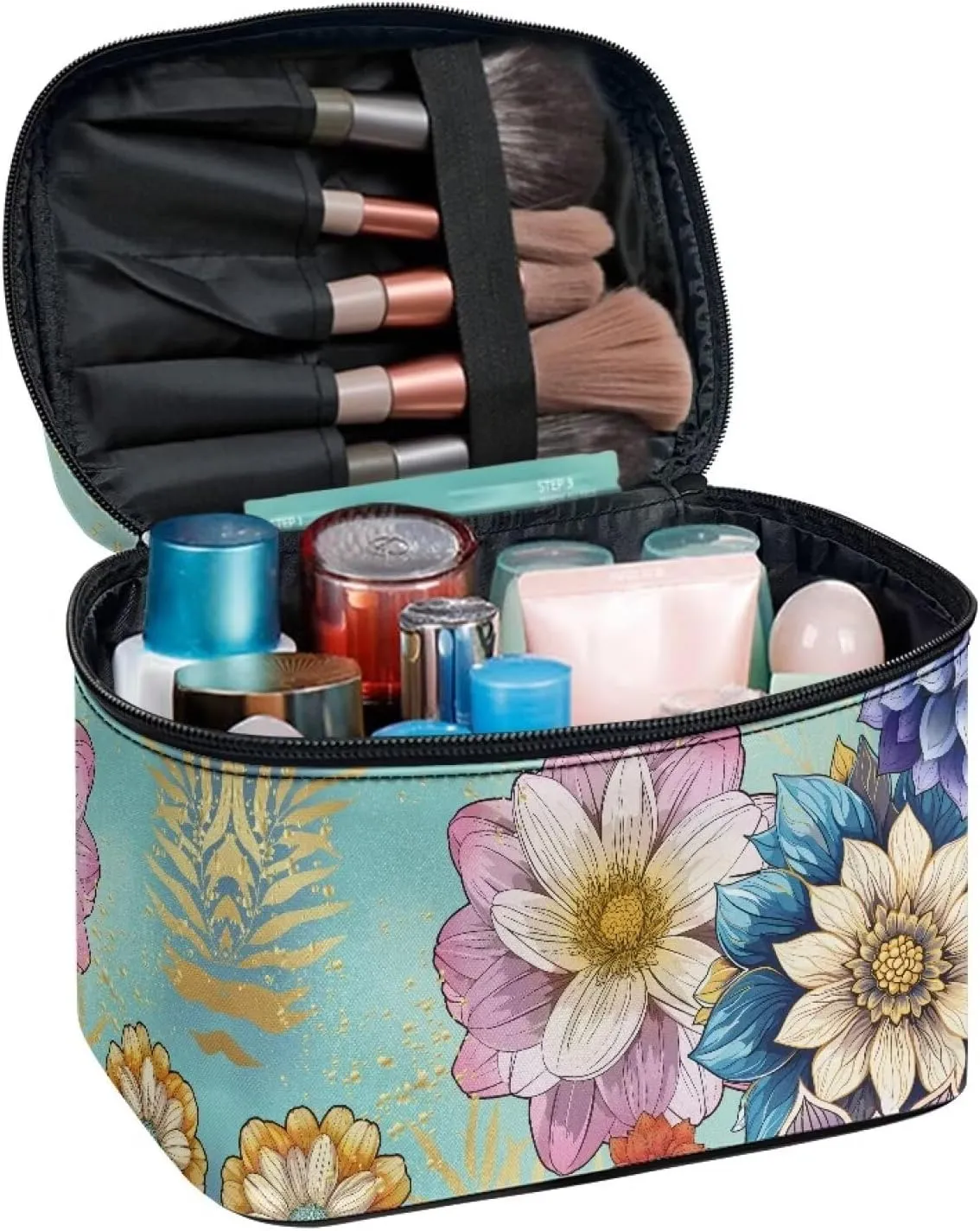Big Floral Travel Makeup Bag with Brush Organizer Makeup Case Organizer Large Countertop Hanging Cosmetic Bags for Women Travel Accessories Valentine's Day Gifts for Women Girls