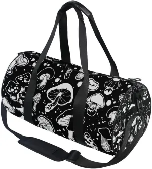 Black and White Mushrooms Gym Duffle Bag for Women Men Sports Fitness Bag Workout Travel Gymnastics Dance Ballet