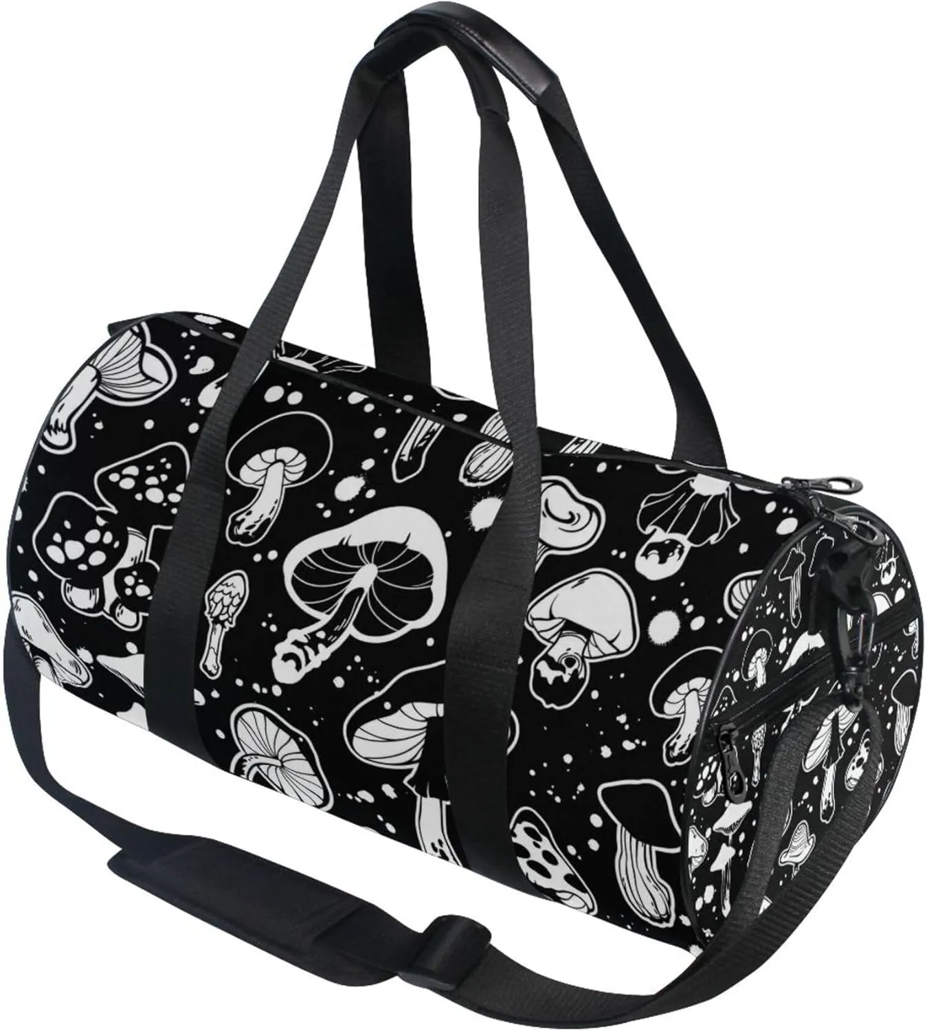 Black and White Mushrooms Gym Duffle Bag for Women Men Sports Fitness Bag Workout Travel Gymnastics Dance Ballet