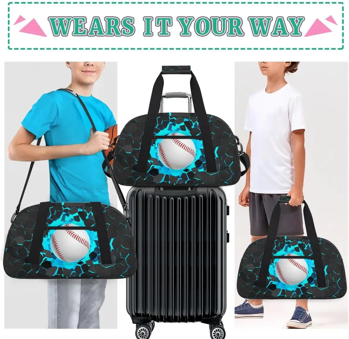 Blue 3D Baseball Kids Overnighter Duffel Bags for Boys, Carry-On Size Sports Gym Bag with Front Zipper Pocket for School Practice or Overnight Travel Weekender Sleepover Tote Bag