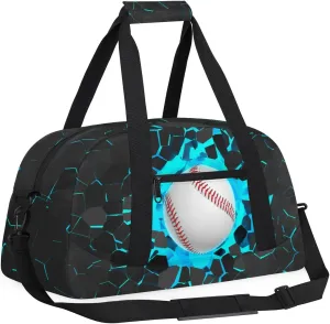Blue 3D Baseball Kids Overnighter Duffel Bags for Boys, Carry-On Size Sports Gym Bag with Front Zipper Pocket for School Practice or Overnight Travel Weekender Sleepover Tote Bag