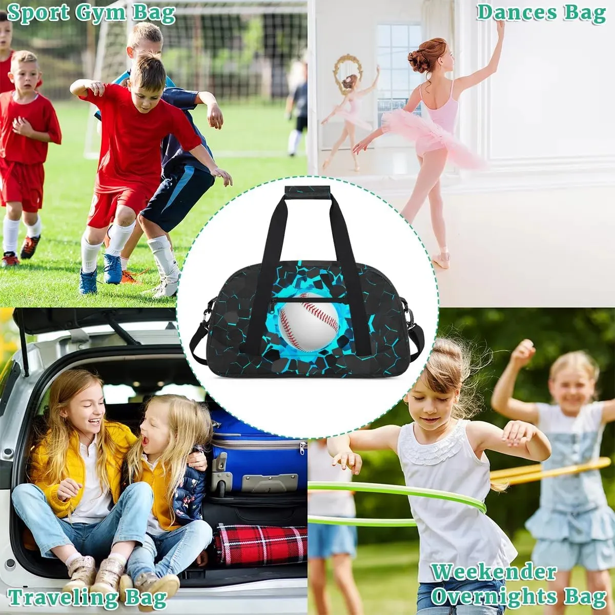 Blue 3D Baseball Kids Overnighter Duffel Bags for Boys, Carry-On Size Sports Gym Bag with Front Zipper Pocket for School Practice or Overnight Travel Weekender Sleepover Tote Bag